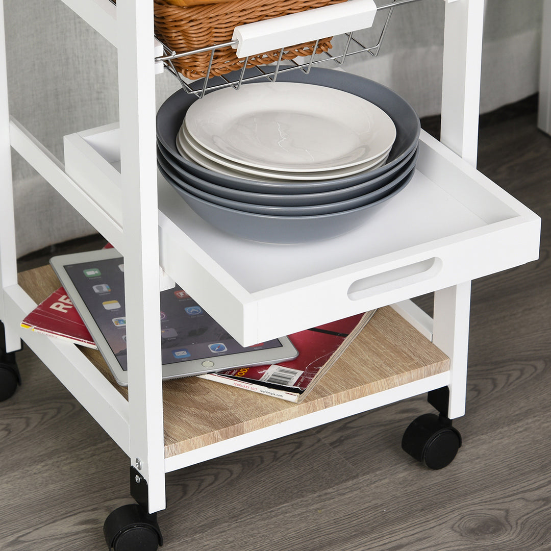 Mobile Rolling Kitchen Island Trolley for Home w/ Metal Baskets Trays Shelves Wheels Compact Stylish Storage White
