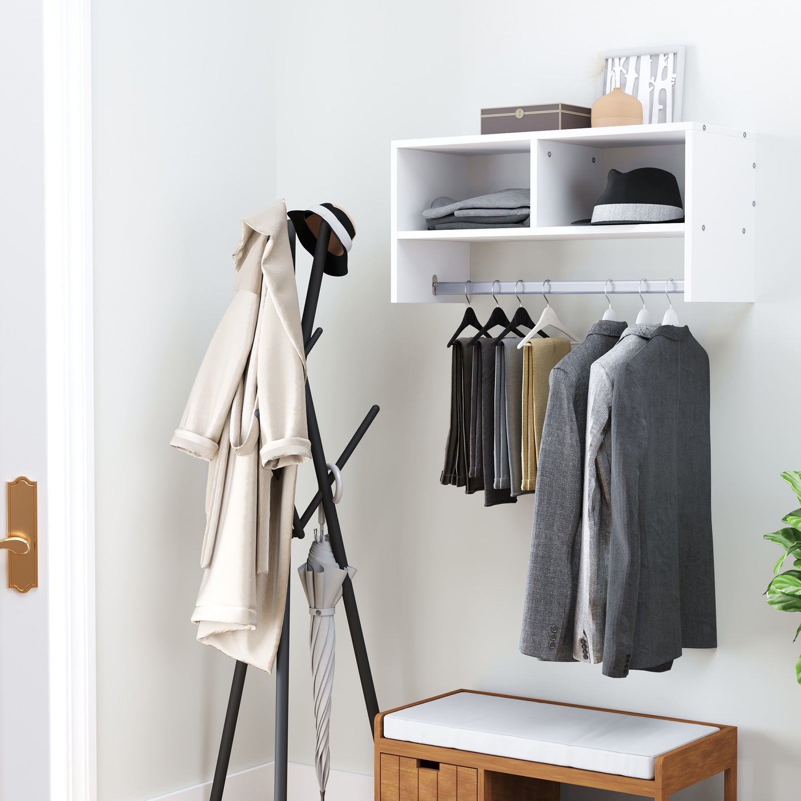 Wall Mounted Coat Hanger Hooks Rack Stand Hallway Coat Rack Rail & Storage Shelf Hanging Coat Organizer (White)