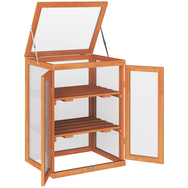 3-tier Wood Greenhouse Garden Polycarbonate Cold Frame Balcony Grow House w/ Storage Shelf for Plants, Flowers, Orange