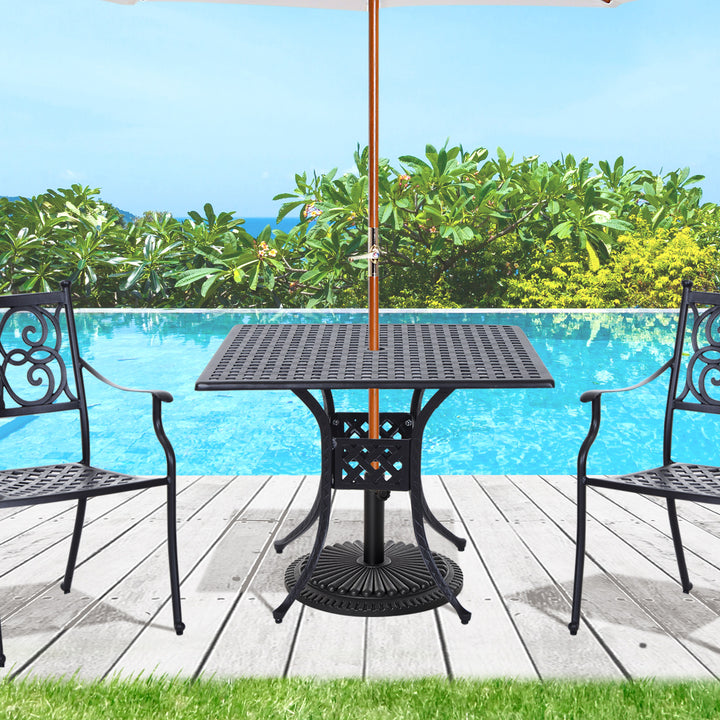 Outsunny Aluminium Square Garden Table with Parasol Hole, Grid Design Outdoor Dining Table for Patio, 90cm, Black | Aosom UK