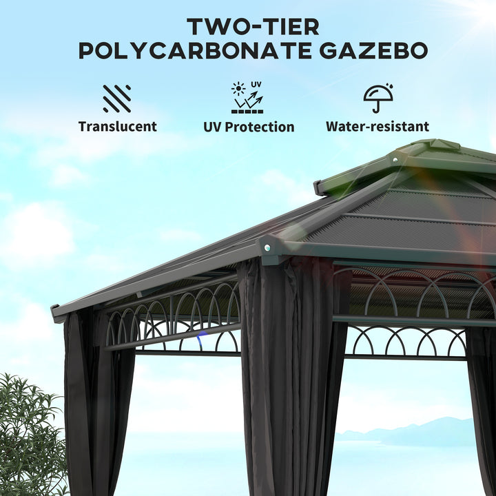 3 x 3 (m) Outdoor Polycarbonate Gazebo, Double Roof Hard Top Gazebo with Galvanised Steel Frame, Nettings & Curtains for Garden, Lawn, Patio and Deck, Dark Grey