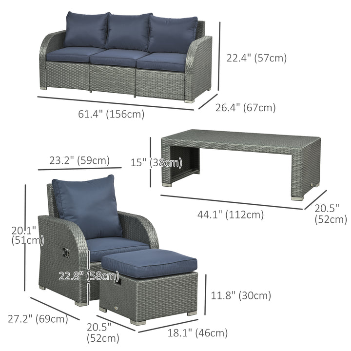 Six-piece Outdoor Rattan Dining Set, Outdoor Sofa Set with Reclining Armchairs and Mental Frame, Blue