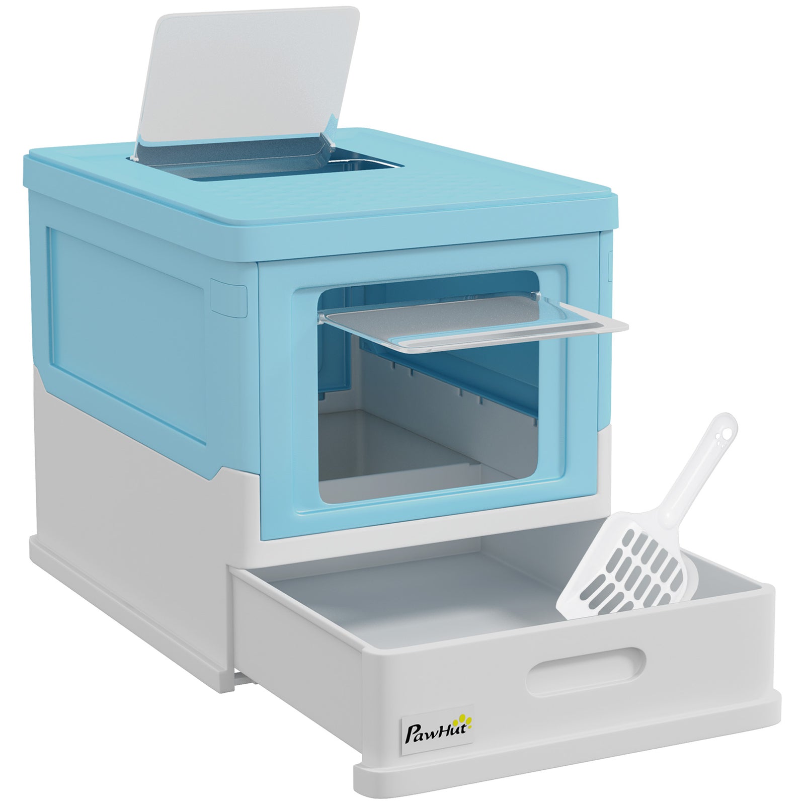 Hooded Cat Litter Box, Portable Pet Toilet, with Scoop, Front Entry - Light Blue