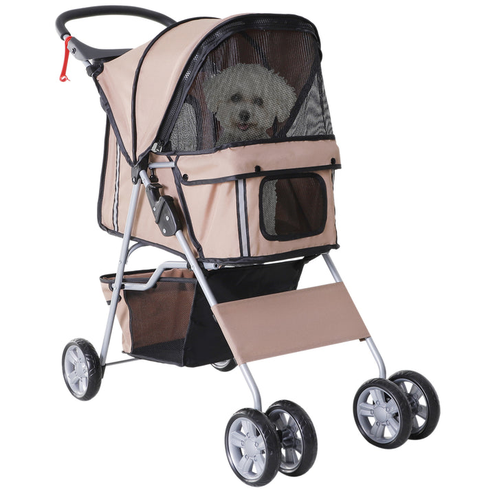 MCL Pet Stroller for Small Miniature Dogs Cats Foldable Travel Carriage with Wheels Zipper Entry Cup Holder Storage Basket Brown