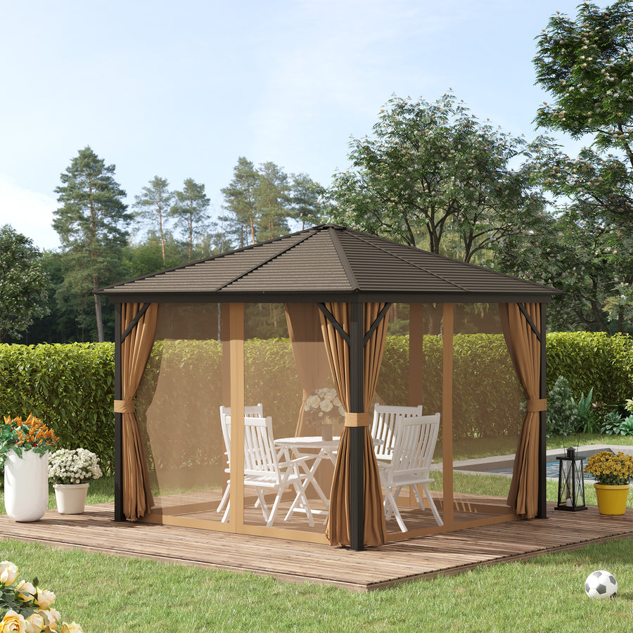 3 x 3(m) Metal Hardtop Gazebo, with Curtains and Accessories - Brown