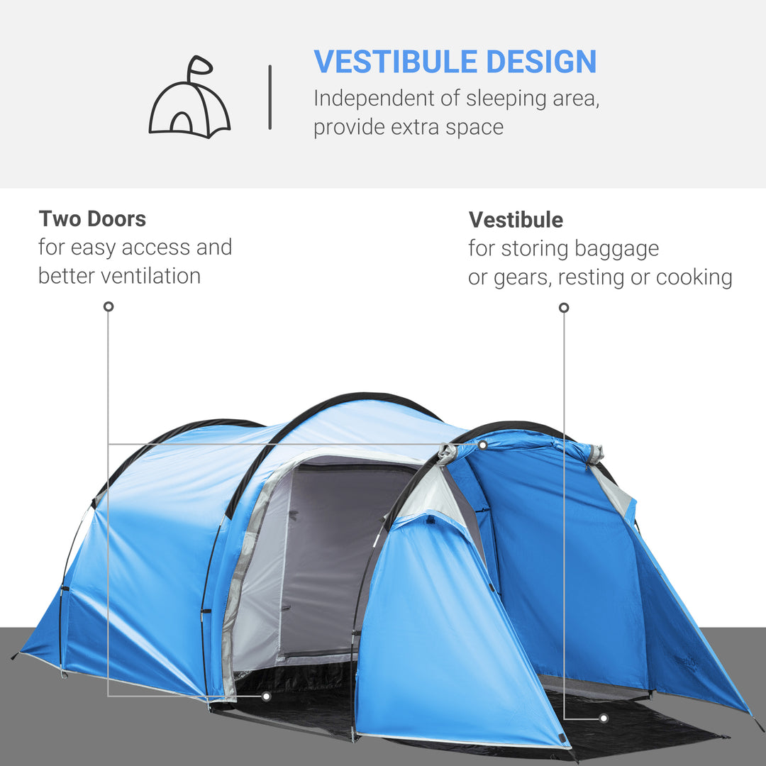 2-3 Man Tunnel Tent with Vestibule, Weather-Resistant Camping Tent with Air Vents for Fishing Hiking, Light Blue & Grey