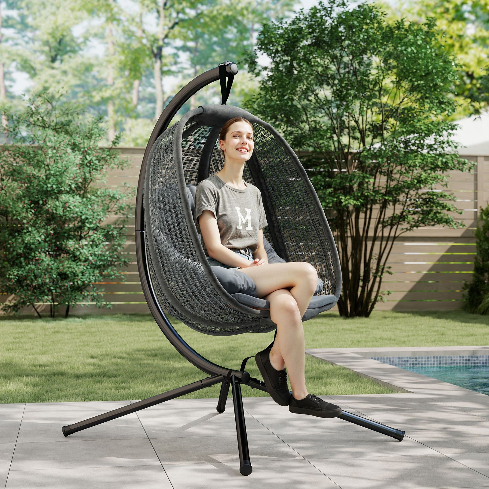 Outdoor Swing Chair with Thick Padded Cushion, Patio Hanging Chair with Metal Stand, Egg Chair with Foldable Basket, Cup Holder, for Indoor and Outdoor, Dark Grey