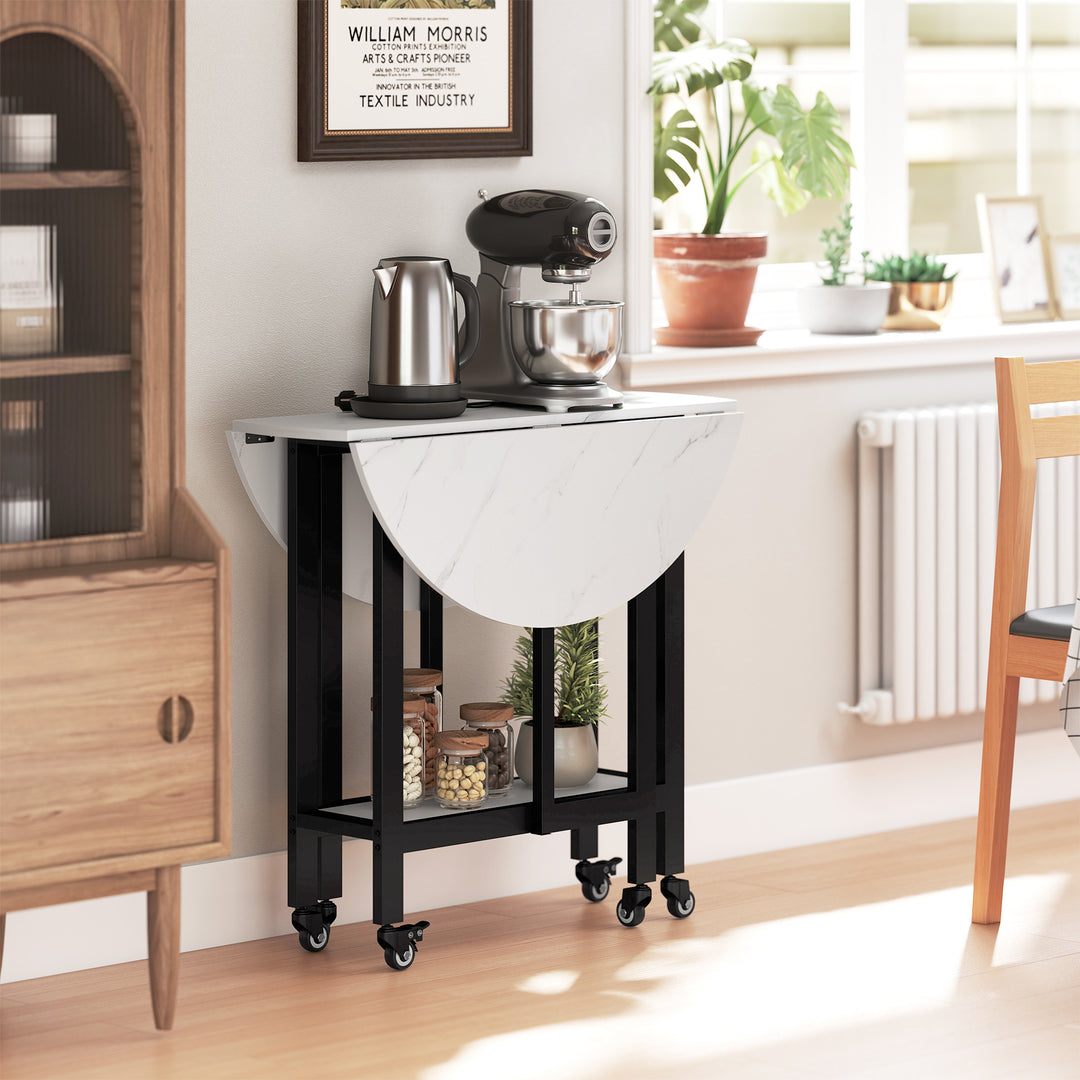 Folding Dining Table, Drop Leaf Table with Open Shelf, Rolling Kitchen