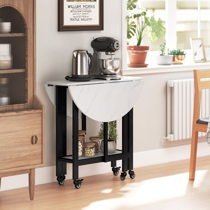 Folding Dining Table, Drop Leaf Table with Open Shelf, Rolling Kitchen