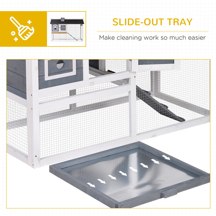 Wooden Rabbit Hutch and Run with Sliding Tray, Ramp, Water-resistant Roof, for 2-4 Rabbits, Grey