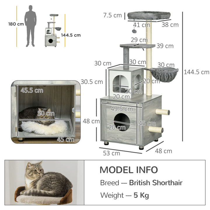 Enclosed Cat Litter Box with Cat House, Cat Bed, Scratching Posts, Platforms, for Indoor Cats - Grey