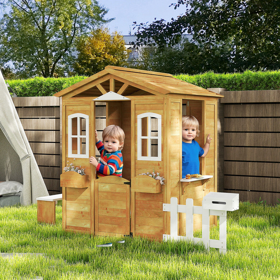 Wooden Playhouse for Kids with Door, Windows, Mailbox, Flower Pot Holder, Serving Station, Bench for Children, Yellow