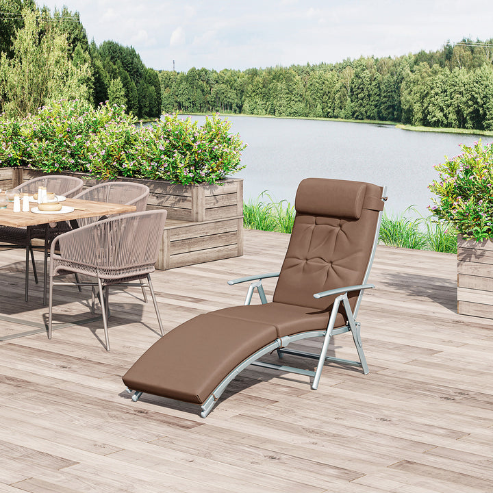 Sun Lounger Steel Frame Outdoor Folding Chaise Texteline Lounge Chair Recliner with Headrest & 7 Levels Adjustable Backrest, Brown