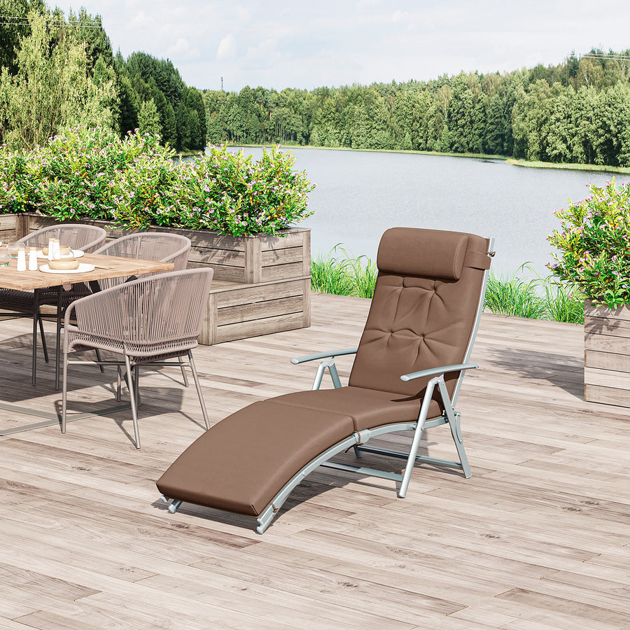 Sun Lounger Steel Frame Outdoor Folding Chaise Texteline Lounge Chair Recliner with Headrest & 7 Levels Adjustable Backrest, Brown