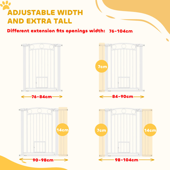 96cm Tall Dog Gate with Cat Door, 7cm and 14cm Extensions, for Stairs, Doorways, 76-104cm Width