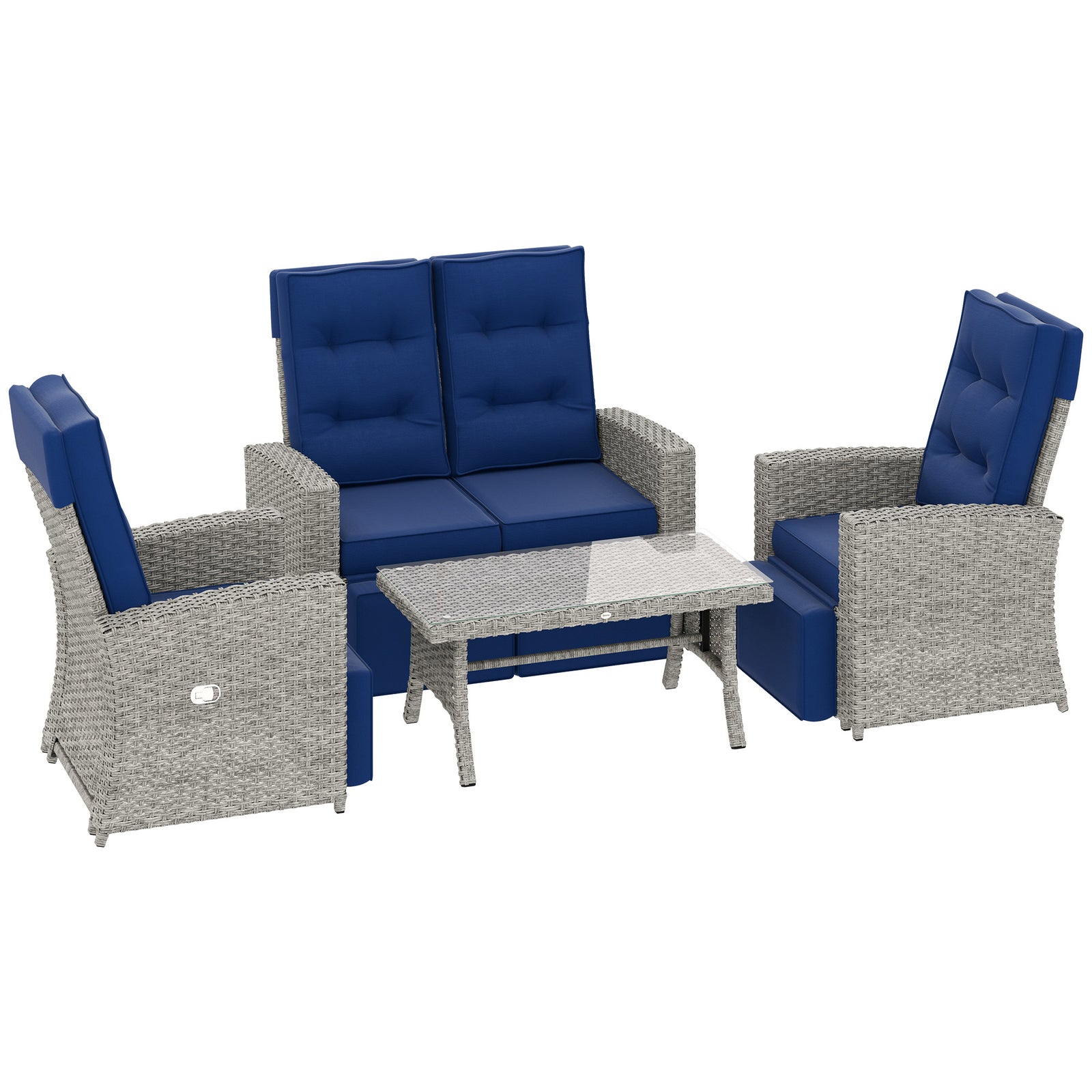 4 Piece Rattan Garden Furniture Set Outdoor Sofa Sectional Set with Glass Top Table for Poolside, Navy Blue