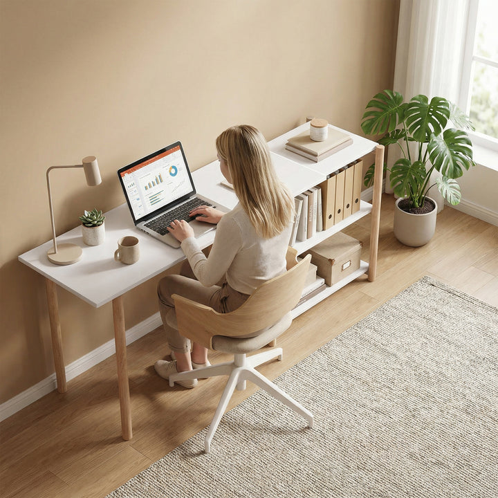 Computer Desk with Storage Shelves Modern Writing Desk Bamboo Frame fo