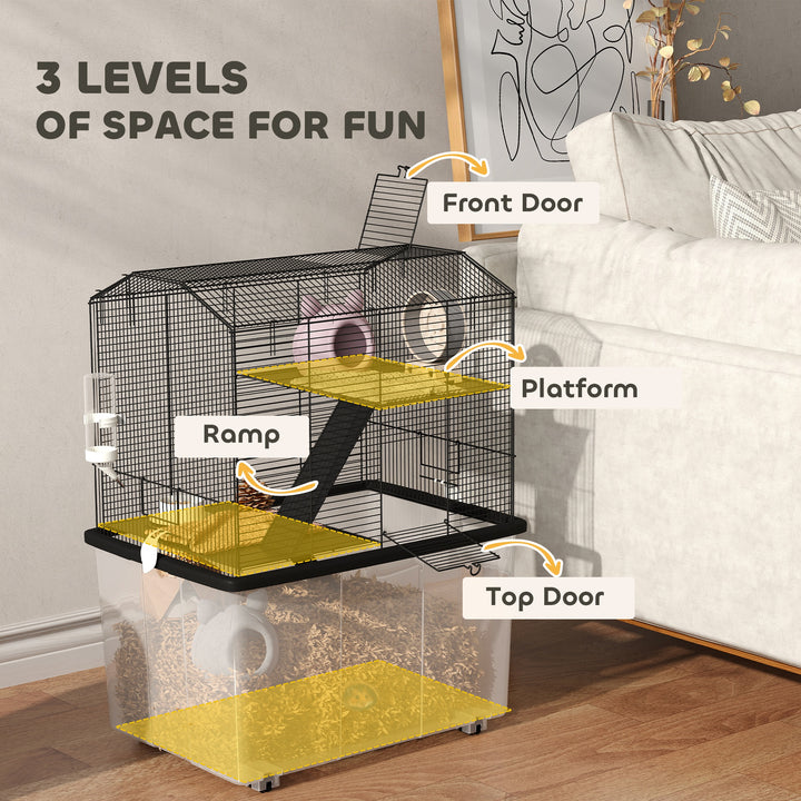 Three-Tier Gerbil Cage, Hamster Cage for Dwarf Hamster, Syrian Hamster w/ Wheels, Deep Bottom, Food Dish, Water Bottle