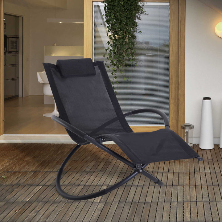 Outdoor Orbital Lounger Zero Gravity Patio Chaise Foldable Rocking Chair w/ Pillow Black