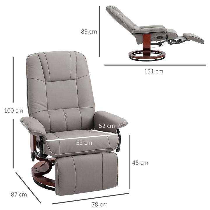 360° Swivel Recliner Chair with Footstool, Manual Recliner Armchair with Wooden Base, Faux Leather Upholstered Reclining Chair for Living Room, Bedroom, Office, Grey