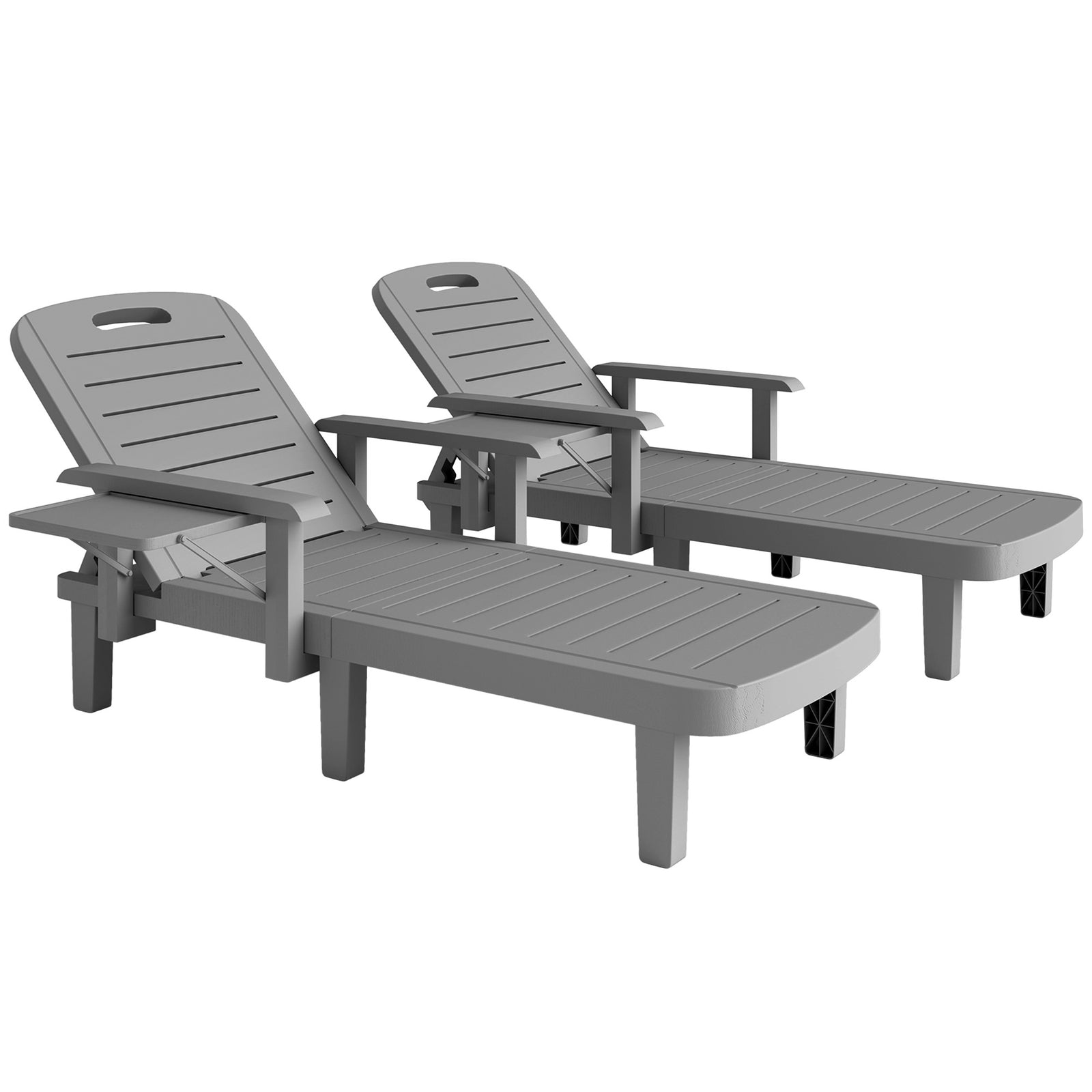 Set of 2 Resin Reclining Sun Loungers for Garden, 5 Positions Adjustable Outdoor Chaise Lounge Chairs with Wood Texture Surface, Armrests, Foldable Side Table for Garden, Beach, Dark Grey
