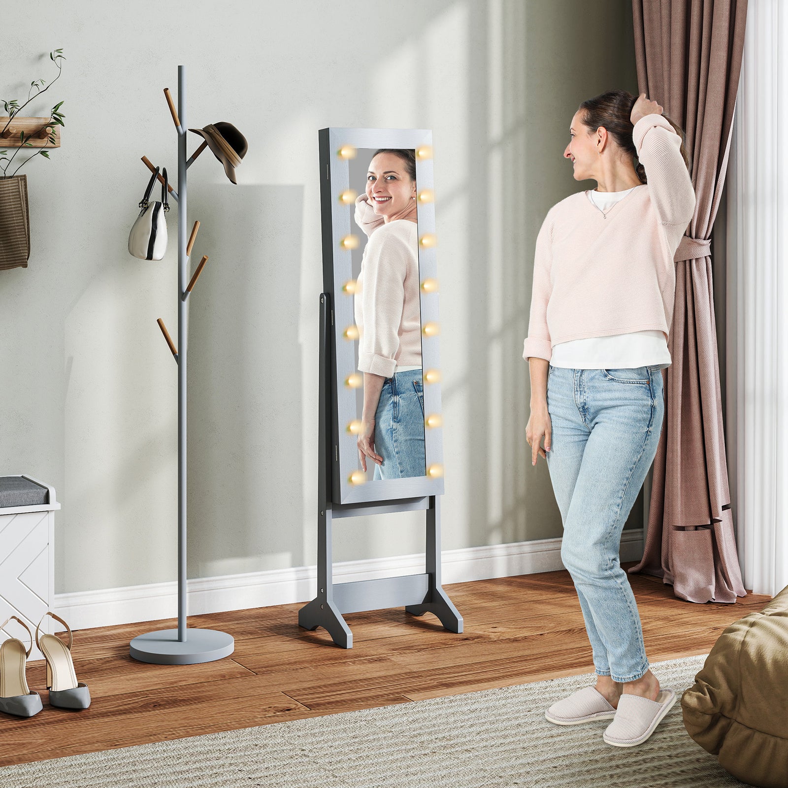 Freestanding Mirror Jewelry Cabinet with LED Lights, Jewellery Organiser with 3 Angle Adjustable, Full-Length Mirror with Storage for Earrings, Necklaces, Rings and Lipsticks, Grey