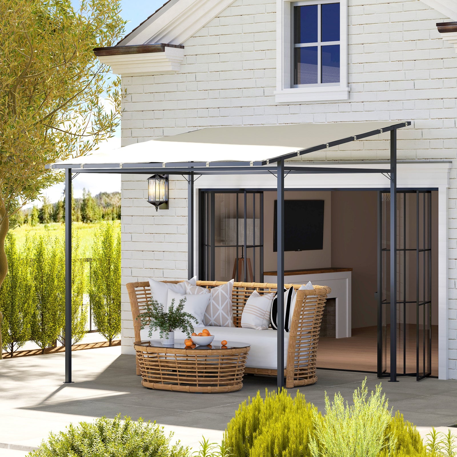 2.4 x 2.4 m Wall Mounted Pergola Gazebo with PA Coating Fabric and Metal Frame, UPF30+, Lean to Garden Gazebo, Wind Resistant Outdoor Sun Shade Shelter for Garden, Deck, Cream White