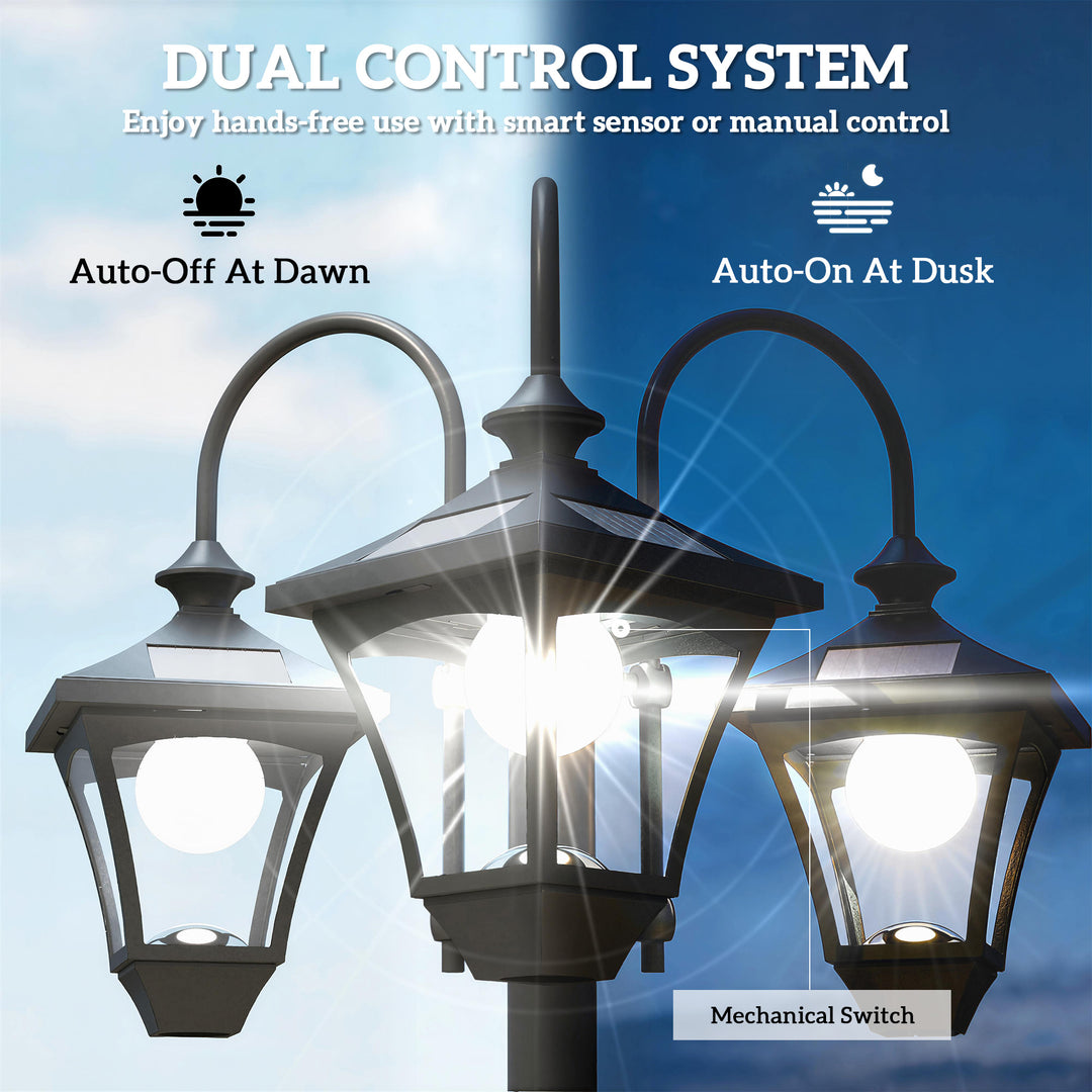 Solar Lamp Post with Dusk-to-Dawn Sensor Street Light with 3-Head Plan