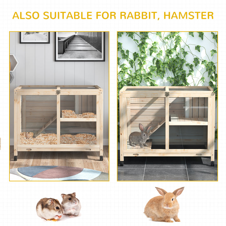 MCL Rabbit Hutch Indoor Wooden Guinea Pig House Hamster Cage with Wheels, 2 Layers Bunny Cage with Openable Roof, 91.5 x 53.3 x 73 cm, Natural