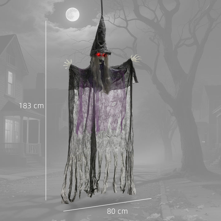 Outsunny 183 cm Life Size Halloween Animated Hanging Witch with Glowing LED Eyes, Spooky Witch Scary Halloween Decorations, Battery Operated, Indoor Party Props