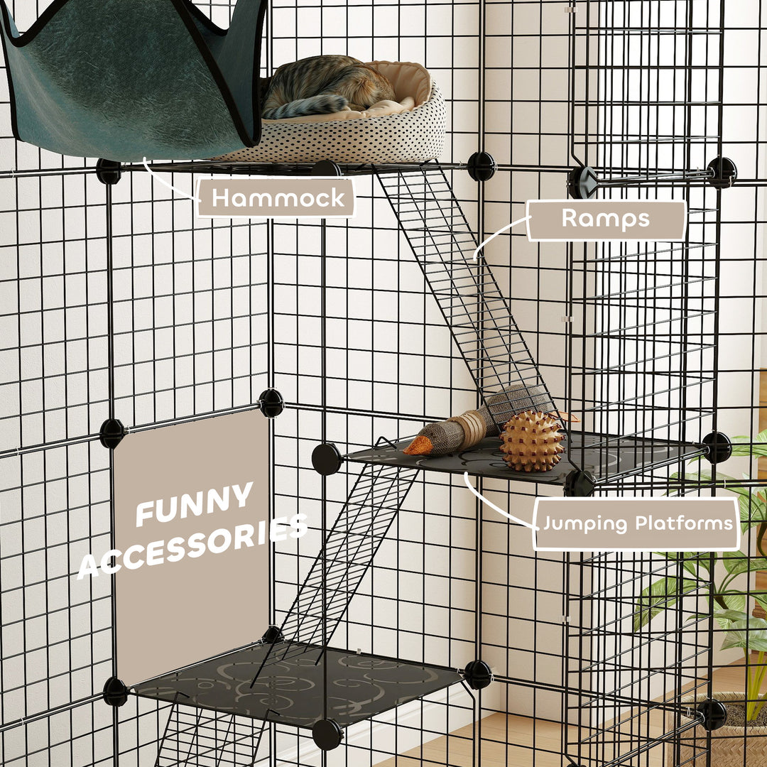Four-Tier DIY Large Cat Cage with Hammock, Ramps, Five Doors, Indoor Use for 1-3 Cats, Black