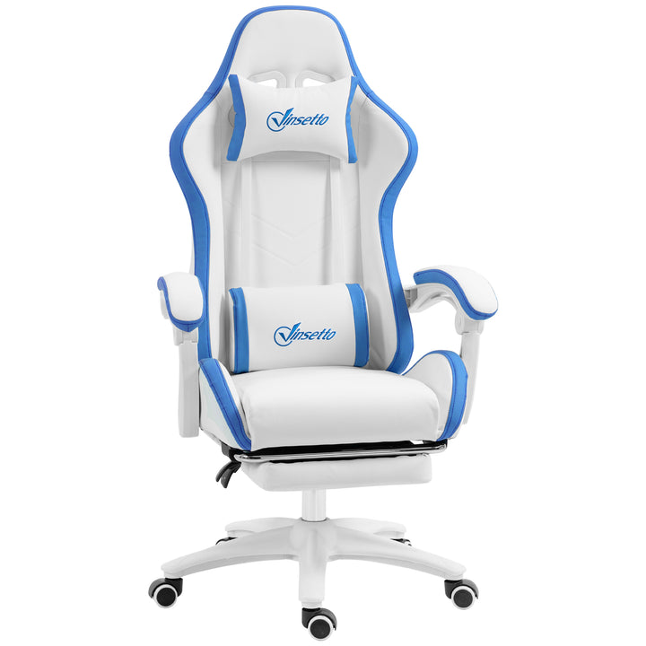 Computer Gaming Chair, PU Leather Office Desk Chair with Footrest, Swivel Wheels, 135° Reclining Back, Lumbar Support, Headrest for Home, White and Blue
