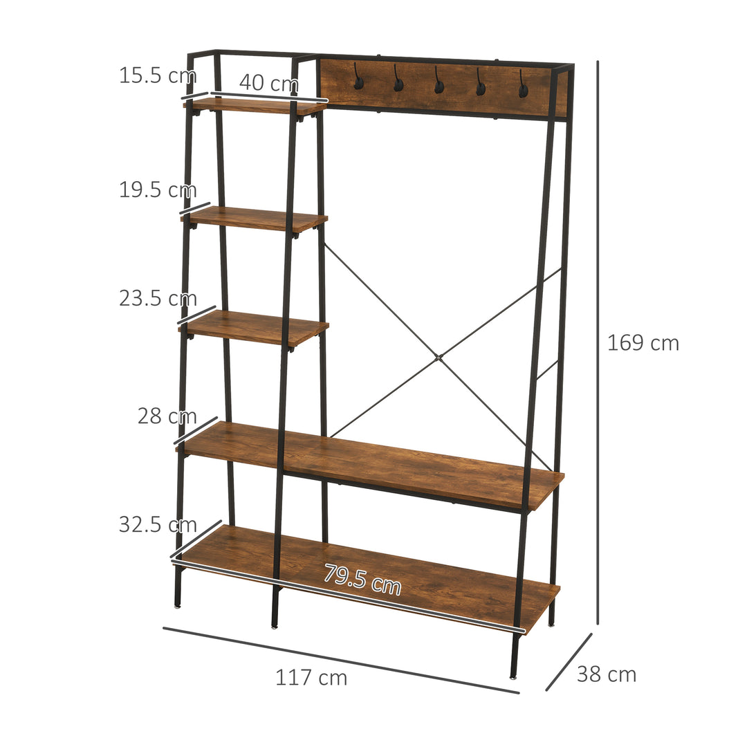 HOMCOM Hallway Unit, Free Standing Hall Tree w/ 2 Tier Shoe Rack, 5 Hooks, 5 Side Shelves & Steel Frame, Industrial Design, Brown, 117 x 38 x 169cm