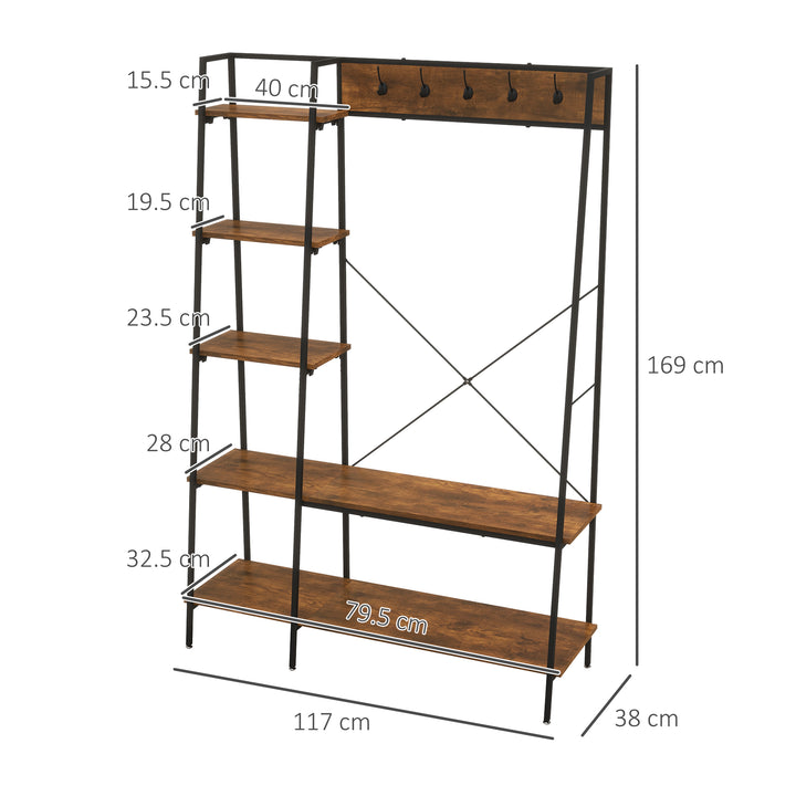 HOMCOM Hallway Unit, Free Standing Hall Tree w/ 2 Tier Shoe Rack, 5 Hooks, 5 Side Shelves & Steel Frame, Industrial Design, Brown, 117 x 38 x 169cm