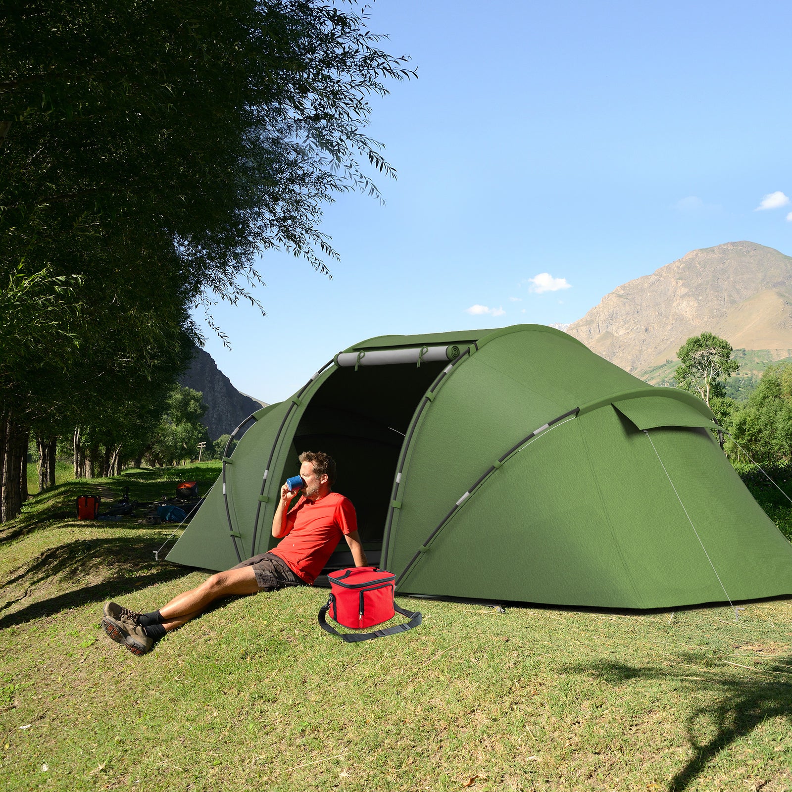 4-6 Man Camping Tent with Living Area and 2 Bedrooms, Hiking Sun Shelter, UV Protection Tunnel Tent, Dark Green
