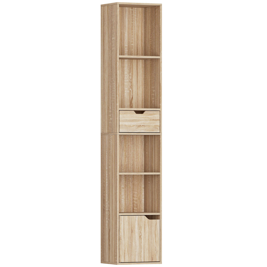 6-Tier Bookcase, Tall Narrow Bookshelf with Drawer and Door - Natural 