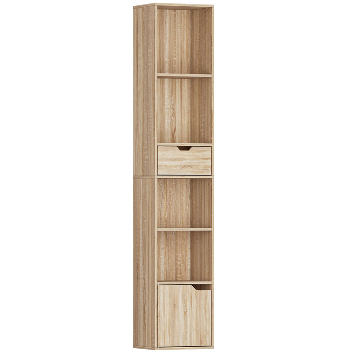 6-Tier Bookcase, Tall Narrow Bookshelf with Drawer and Door - Natural 