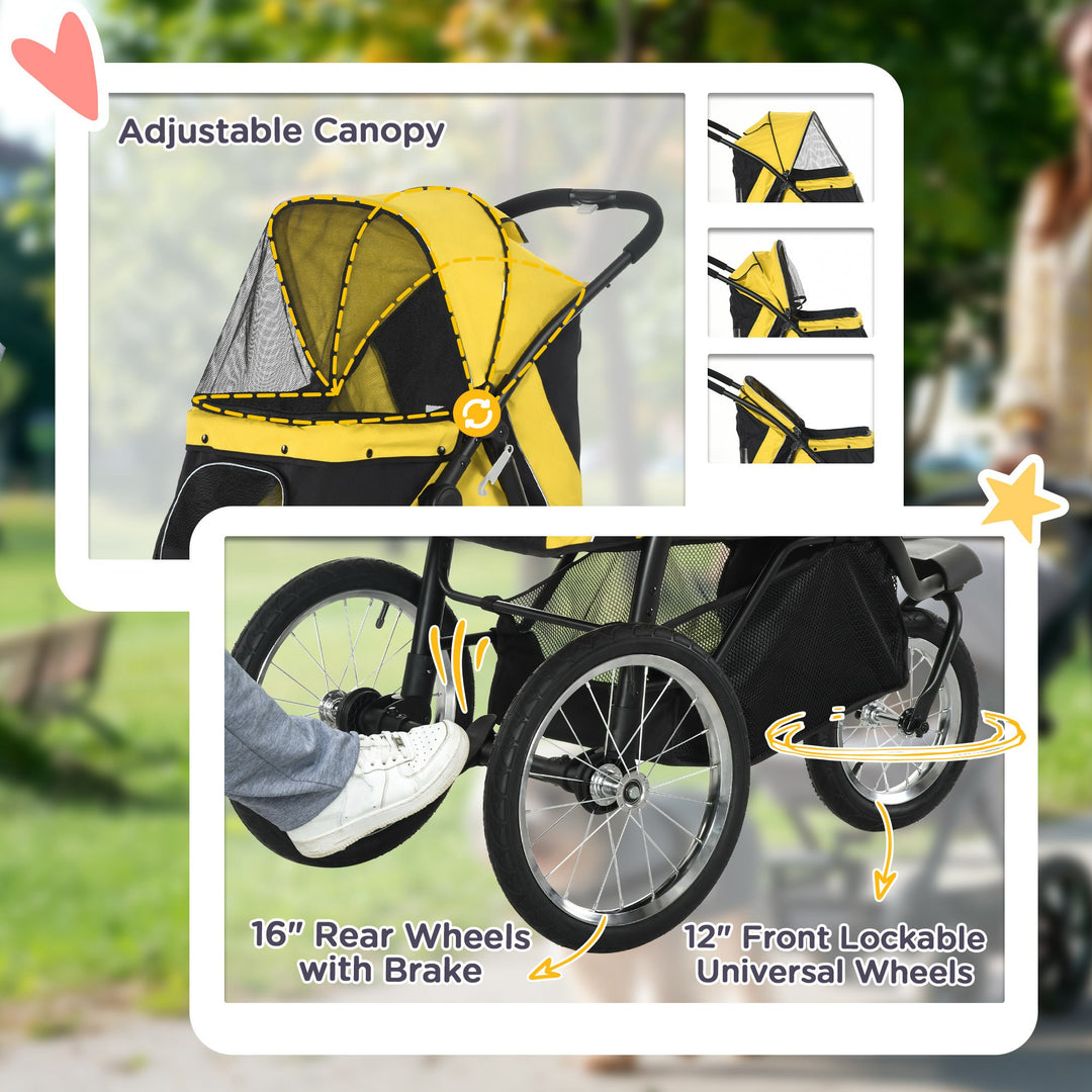 PawHut Pet Stroller Jogger for Medium, Small Dogs, Foldable Cat Pram Dog Pushchair w/ Adjustable Canopy, 3 Big Wheels - Yellow