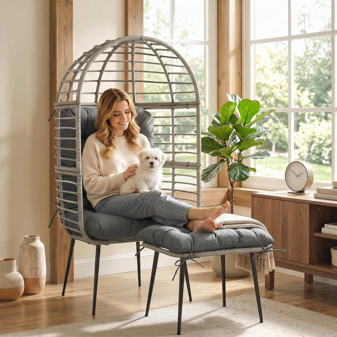 Garden Egg Chair with Footstool, Rattan Indoor Outdoor Lounge Chair an