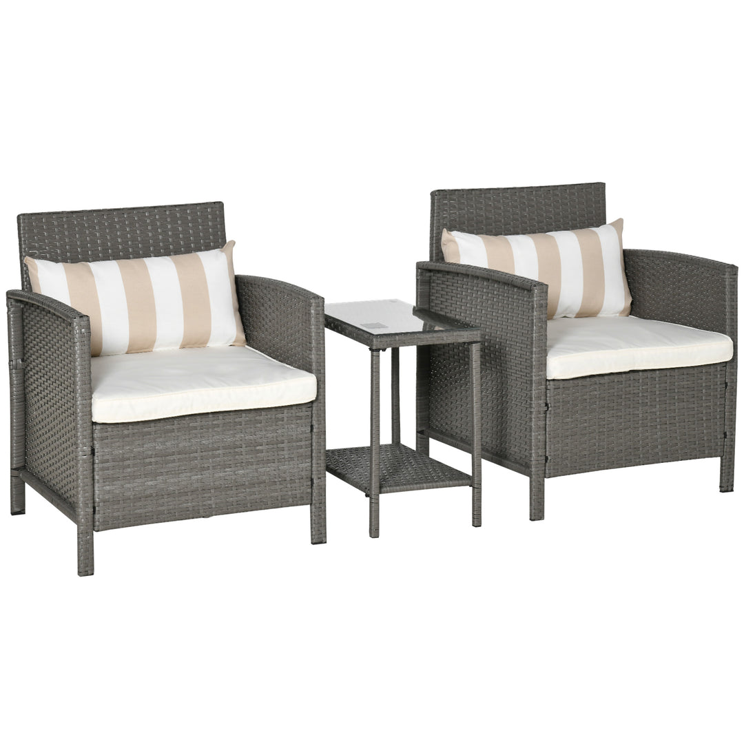 3 Pieces Rattan Bistro Set, Wicker Garden Furniture Set, Glass Top 2-tier Coffee Table and Chairs Set with Pillows and Washable Cushions for Outdoor, Patio, Balcony, Light Grey