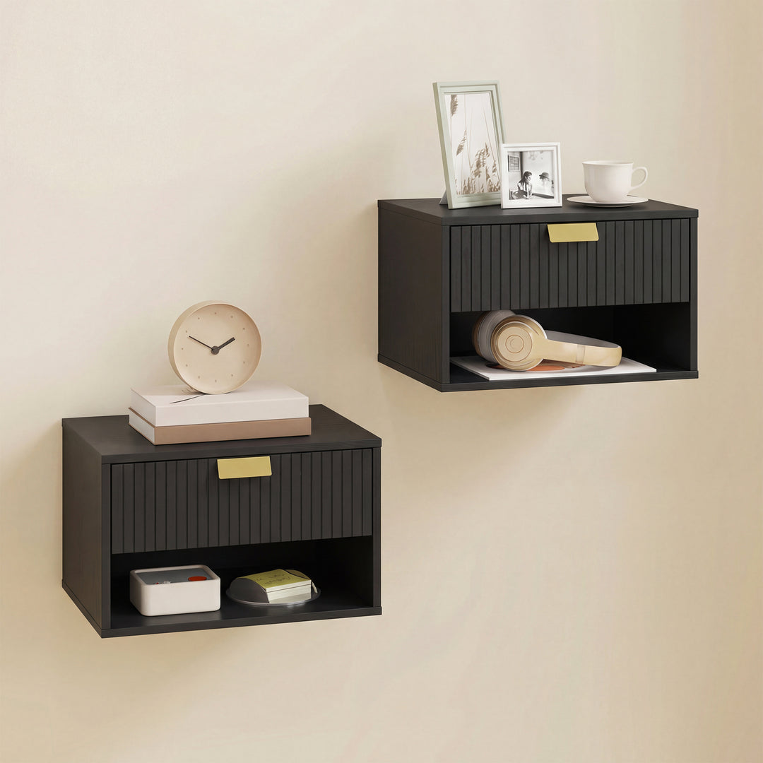Set of 2 Wall Mounted Nightstands, Floating Bedside Tables with Fluted