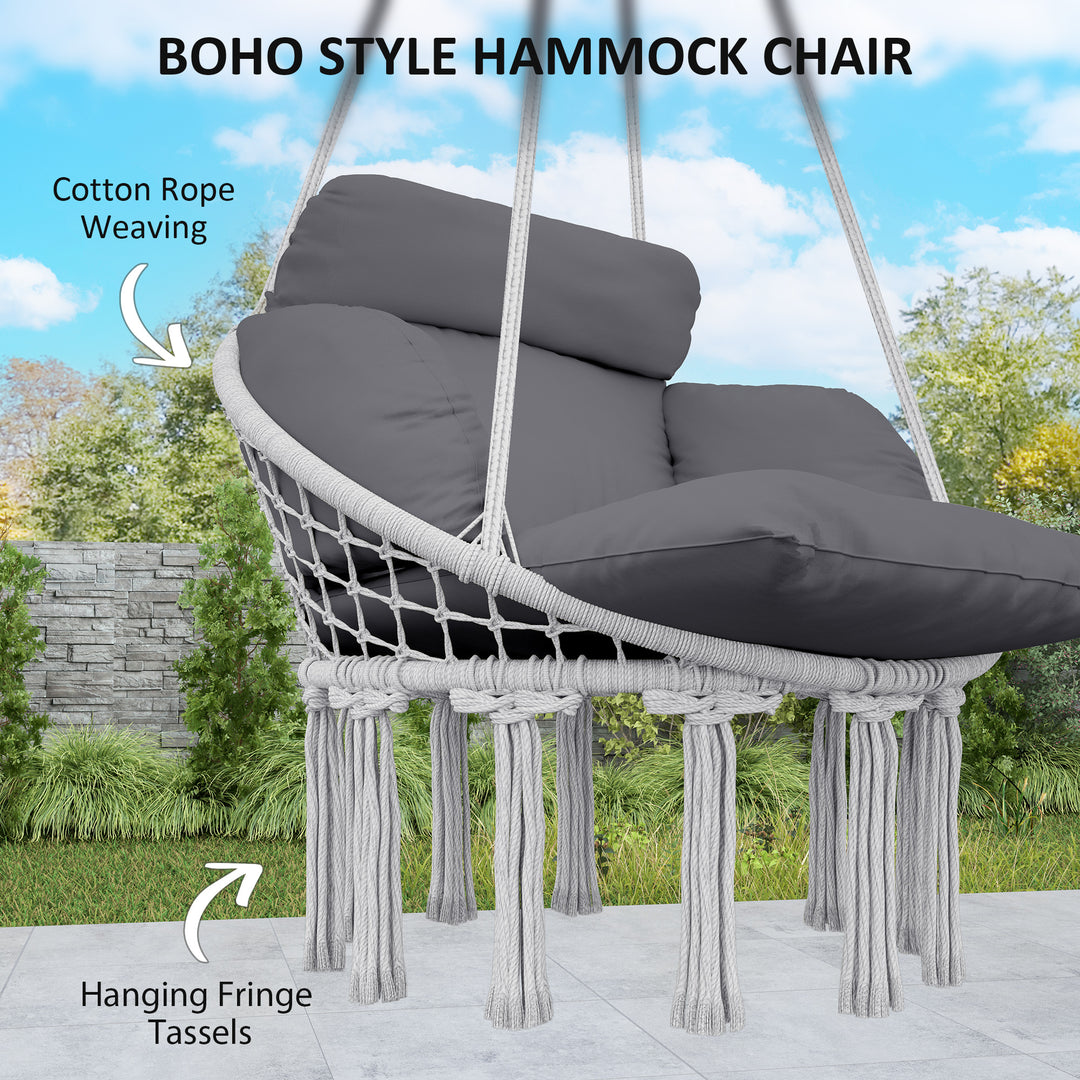 Hanging Chair Outdoor Hammock Chair with Soft Cushion, Cotton Rope Boho Style Swing Chair, Hanging Garden Swing Seat for Indoor Outdoor, Dark Grey