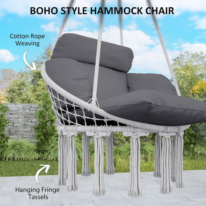 Hanging Chair Outdoor Hammock Chair with Soft Cushion, Cotton Rope Boho Style Swing Chair, Hanging Garden Swing Seat for Indoor Outdoor, Dark Grey