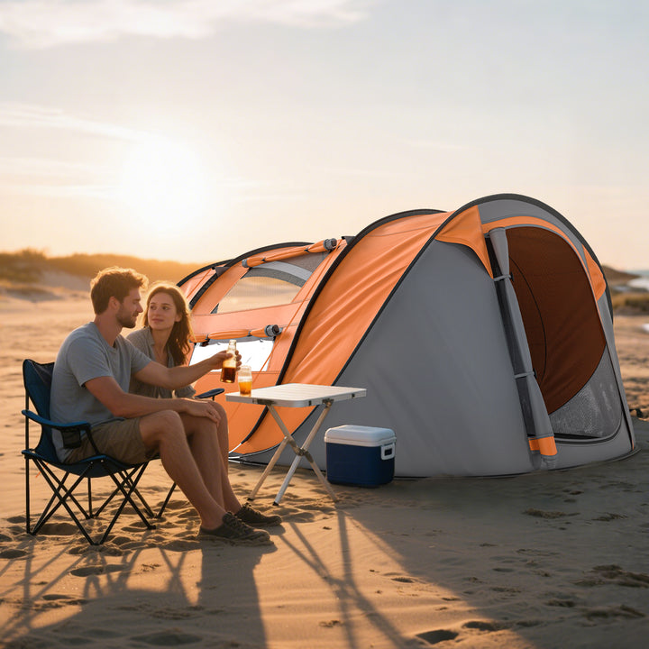 4 Person Pop-up Camping Tent Family Tent with Ground Sheet, 4 Windows and Portable Carry Bag for Beach Outdoor Trip, Orange