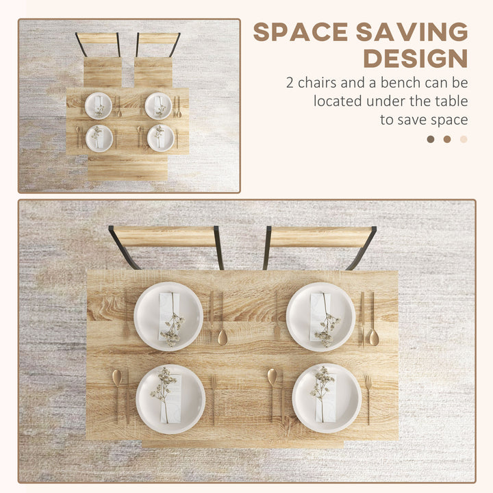Square Dining Set for 4 Persons, Table, Chairs and Bench Included, Natural Wood Effect
