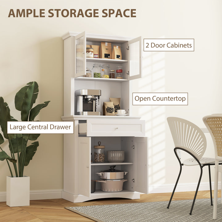 4-Door Kitchen Cupboard with Drawer, Freestanding Kitchen Cabinet with Glass Doors, Adjustable Shelves and Open Counter, White