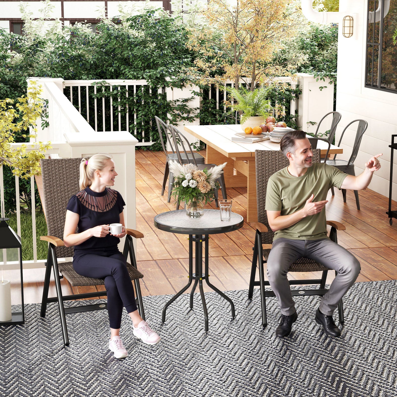 2 Pieces Folding Rattan Garden Dining Chairs with 5-level Reclining High Back, Wood Armrests for Outdoor - Brown