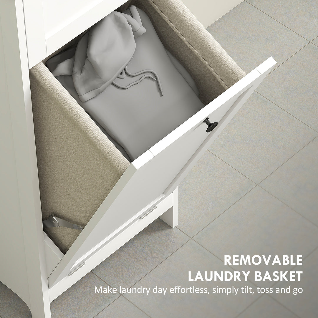 Tall Bathroom Cabinet, with Laundry Basket - White