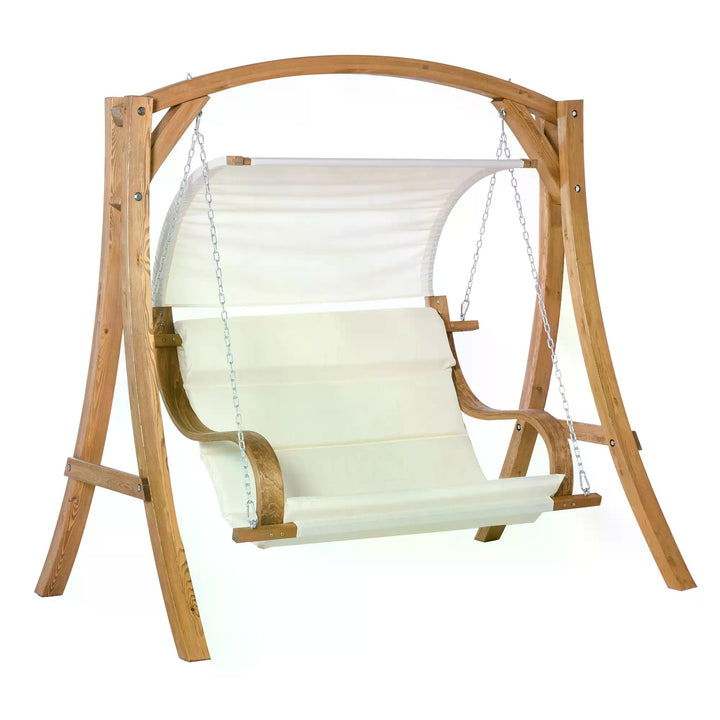 Outsunny Wooden Porch Swing Chair A-Frame Wood Log Swing Bench Chair With Canopy and Cushion for Patio Garden Yard