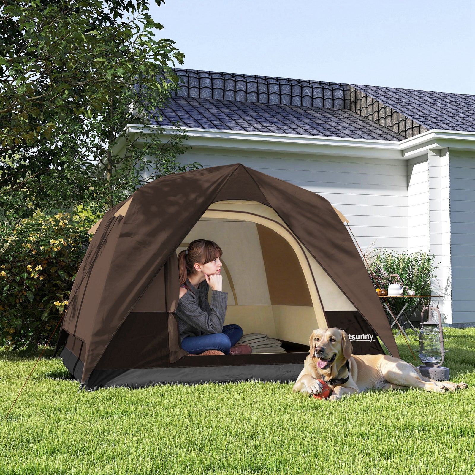 3-4 Person Camping Tent, Easy Set Up 3-4 Man Tent w/ Sewn-in Groundshe